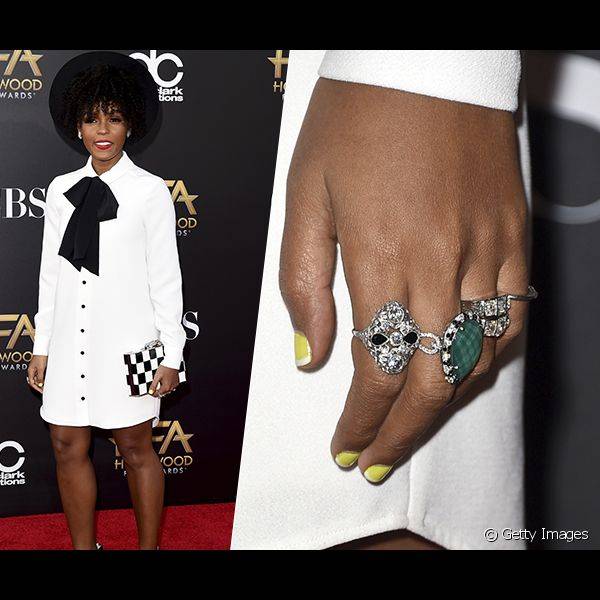 Janelle Mon?e compareceu ao Hollywood Film Awards com uma nail art inglesinha em amarelo e branco